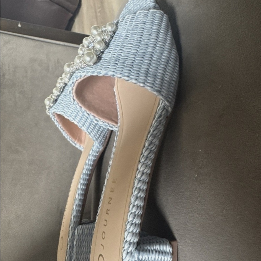 Journee Collection Light Blue Woven Mules with Pearls